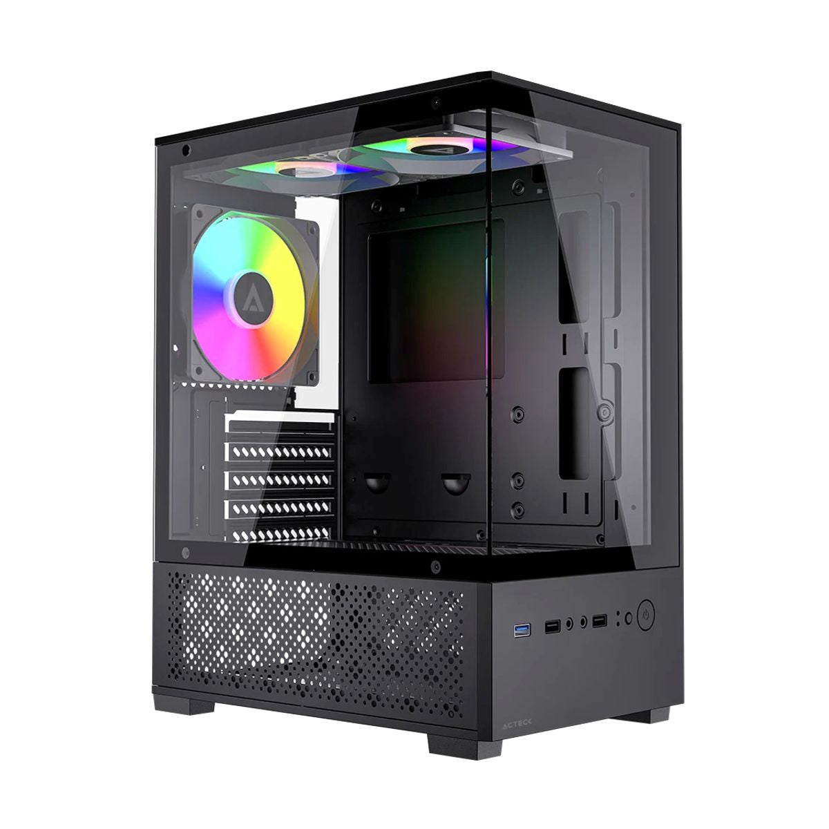 GABINETE ACTECK(AC-943826)PANORAK GC600,MAX MB M-ATX,S/F,1*USB A 3.0,1*USB A 2.0,3FAN 120MM FRGB MOLEX,PANEL IZQ.+FRENTE CRISTAL,NEGRO