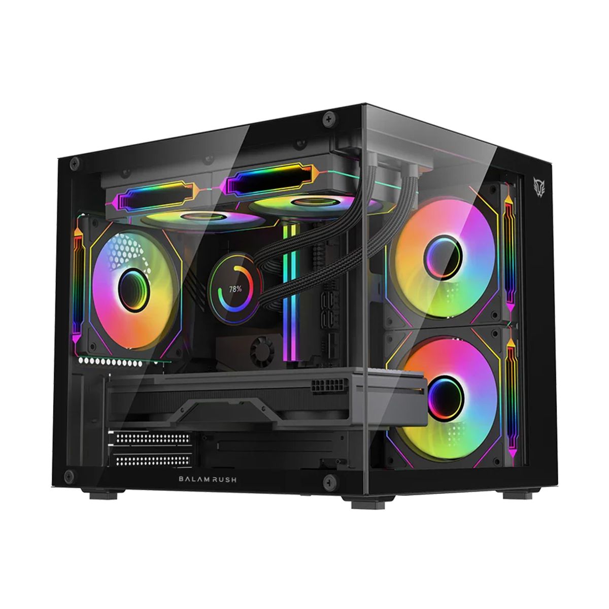 GABINETE BALAM RUSH(BR-943864)TANK GLOW PLUS 3700,MAX M-ATX,S/FUENTE,1*USB A 3.0,2*USB A 2.0,3FAN ARGB,PANEL/FRENTE CRISTAL,NEGRO