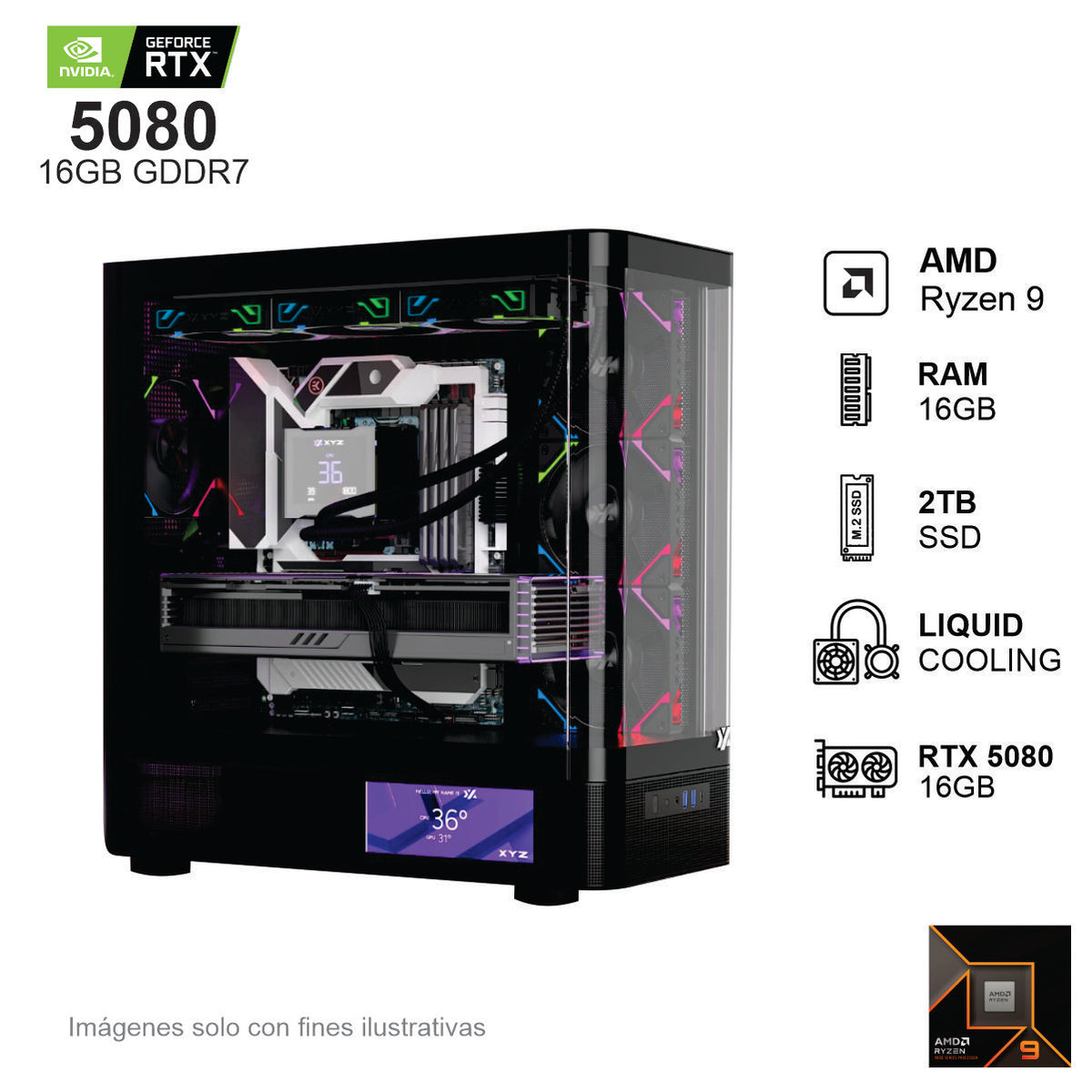 PC Gamer RTX 5080 AMD Ryzen 9 9900X 16GB de RAM 2TB SSD NVME 850W WIFI