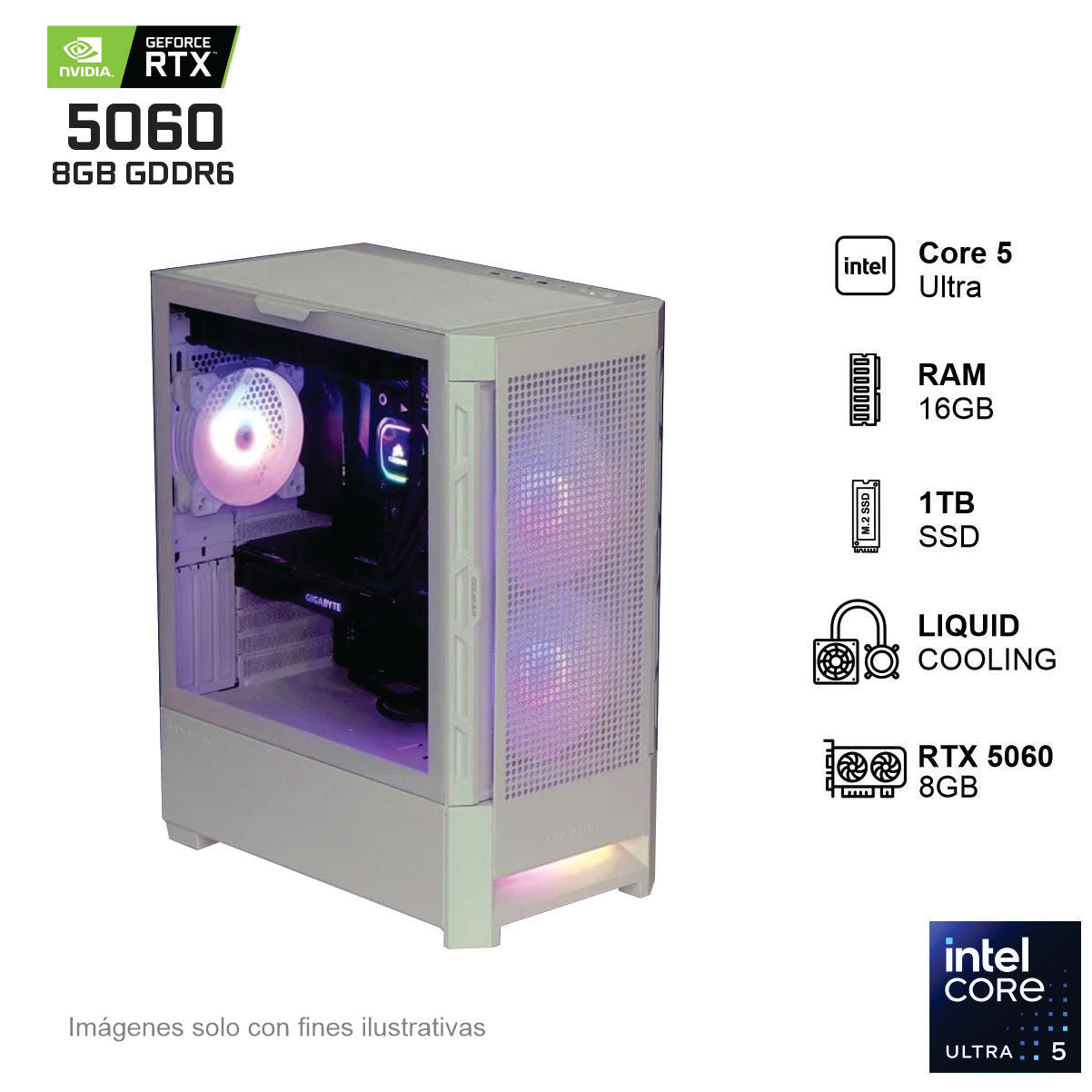 PC Gamer RTX 5060 Intel Core 5 Ultra 225F 16GB de RAM 1TB SSD NVME 650W WIFI