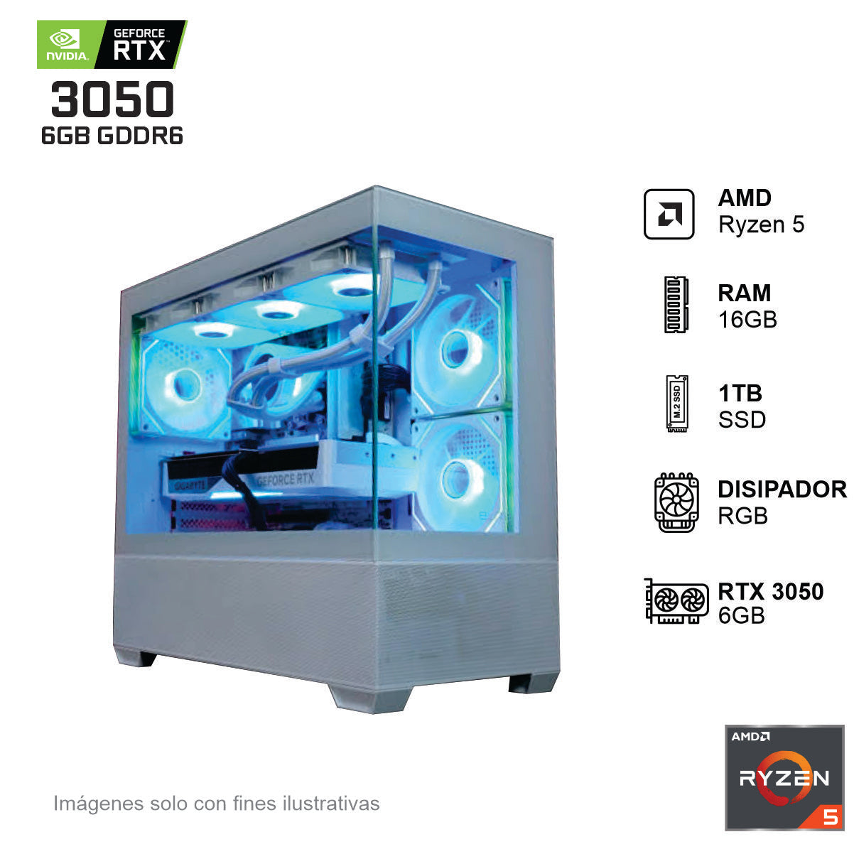 PC Gamer RTX 3050 AMD Ryzen 5 5500 16GB de RAM 1TB SSD NVME 500W WIFI