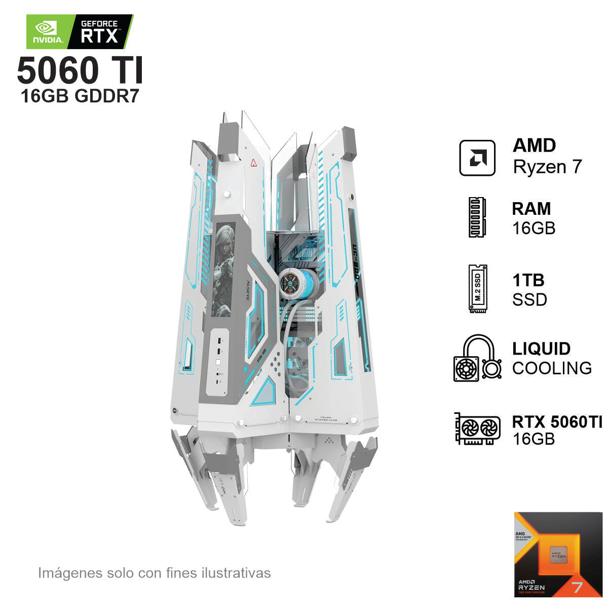 PC GAMER RTX 5060 TI AMD RYZEN 7 7800X3D 16GB de RAM Disco Solido de 1TB NVME