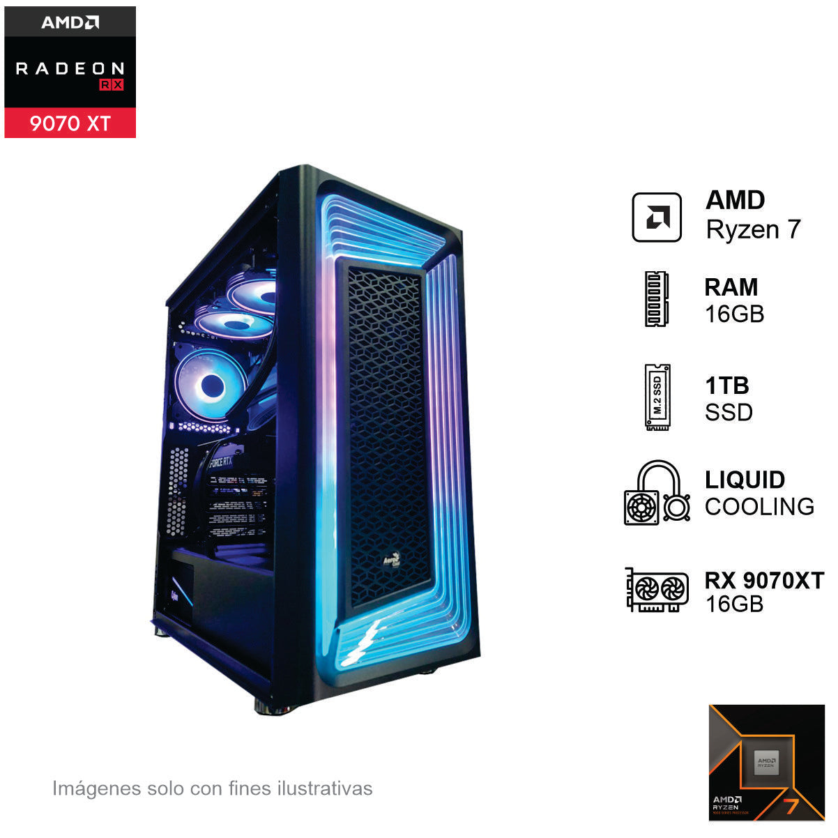PC GAMER RX 9070XT AMD RYZEN 7 9700X 16GB de RAM Disco Solido de 1TB NVME