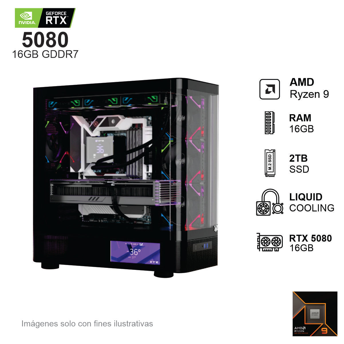 PC Gamer RTX 5080 AMD Ryzen 9 9900X 16GB de RAM 2TB SSD NVME 850W WIFI