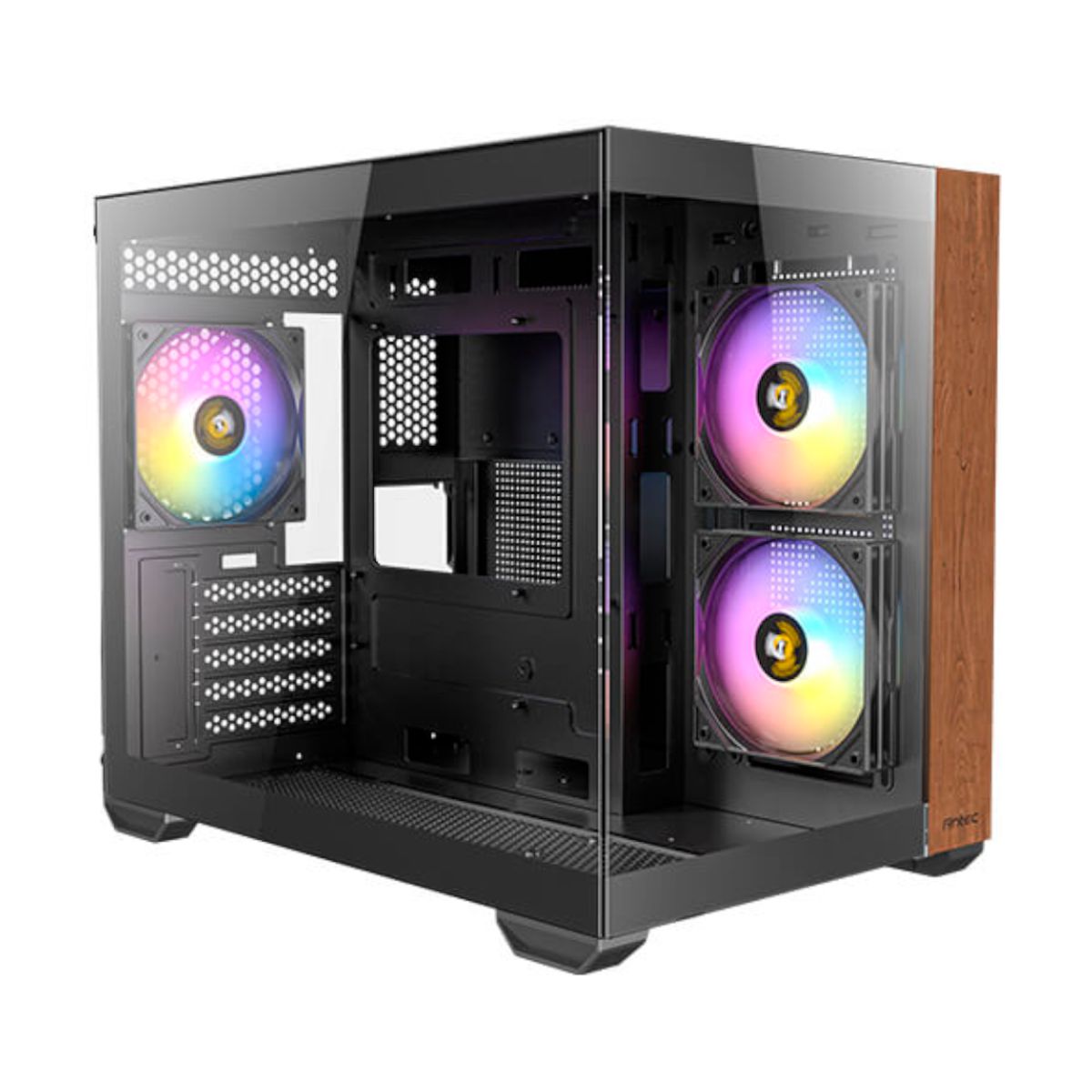 GABINETE ANTEC (CX600M WOOD ARGB_B) MINI TORRE,MICRO-ATX,CRISTAL/MADERA,S/FUENTE,3*FAN,USB-C,NEGRO