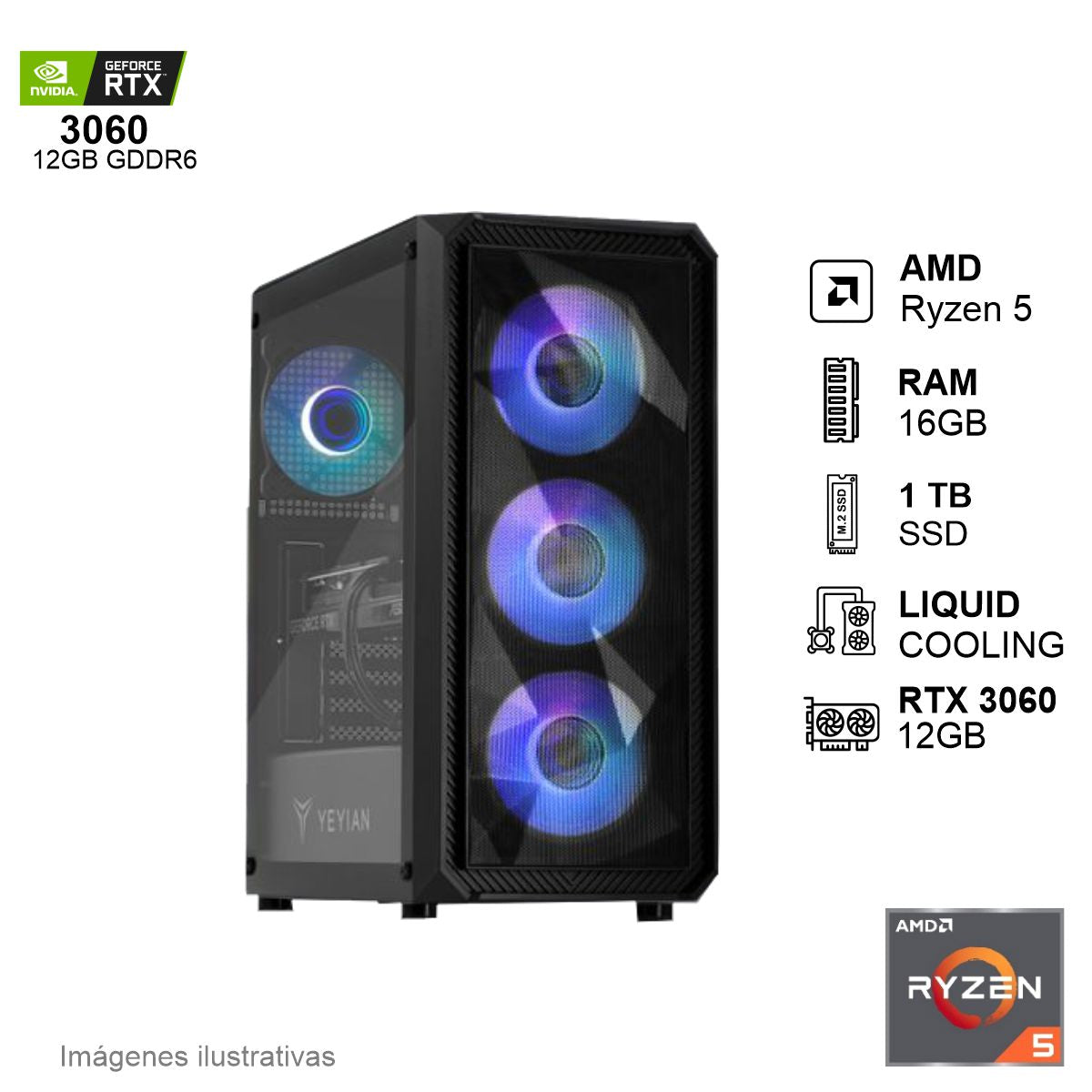 PC Gamer RTX 3060 AMD Ryzen 5 5600X 16GB de RAM 1TB SSD NVME 650W WIFI