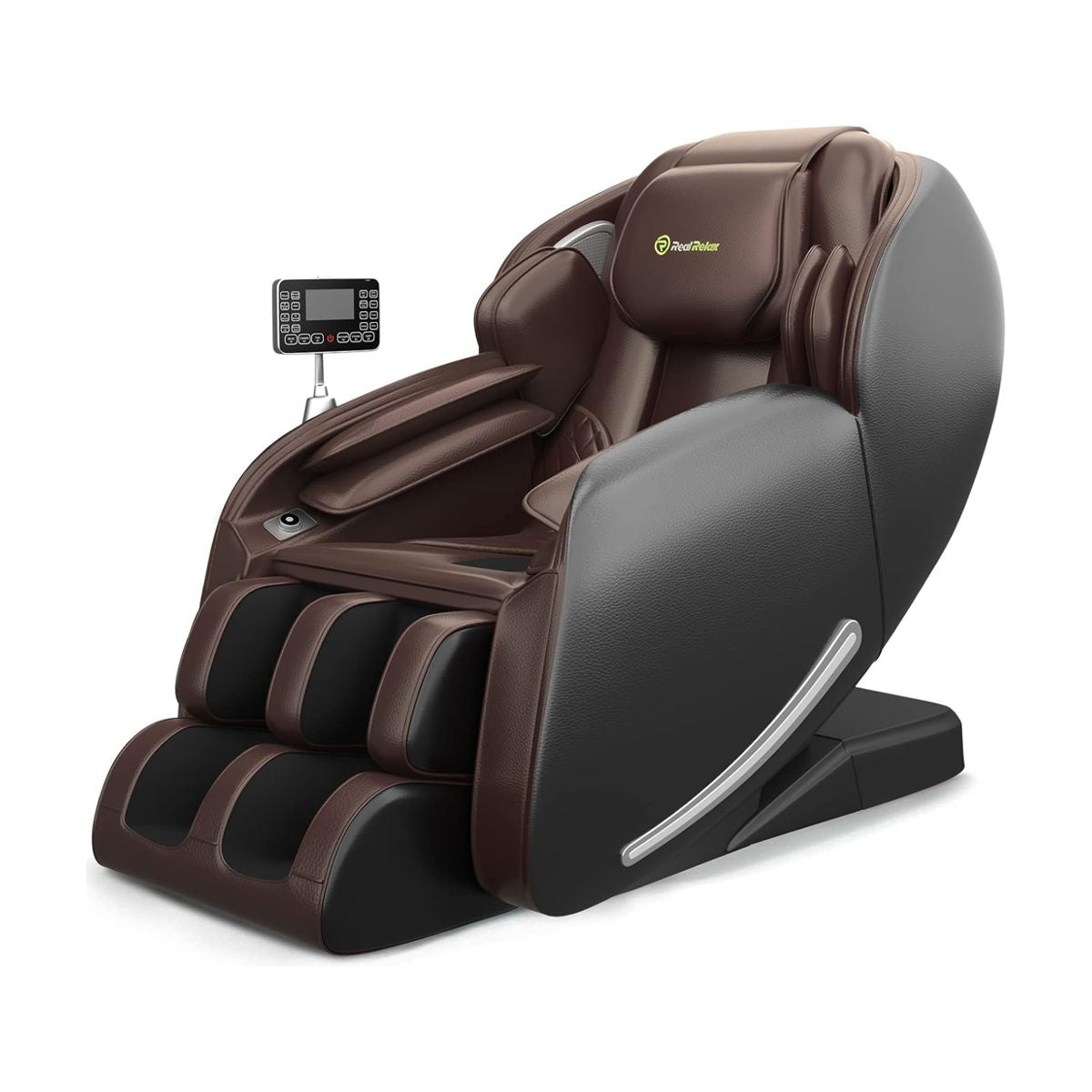 DELUXE MASSAGE CHAIR REAL RELAX/FAVOR-06/ZERO GRAVITY/SL-TRACK/AIRBAGS/SHIATSU/FULL BODY/BROWN
