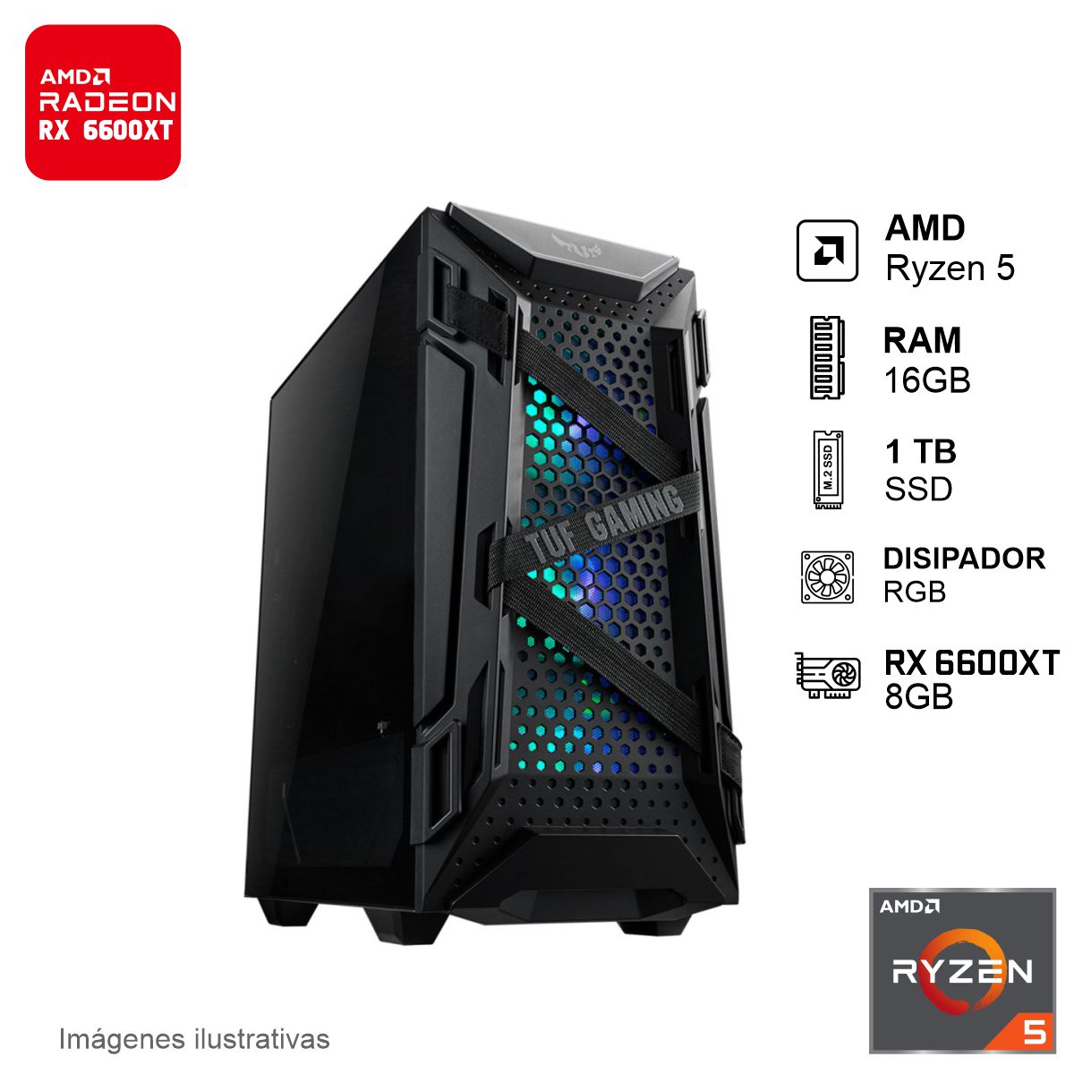PC Gamer RX 6600XT AMD Ryzen 5 5500 16GB de RAM 1TB SSD NVME 650W WIFI