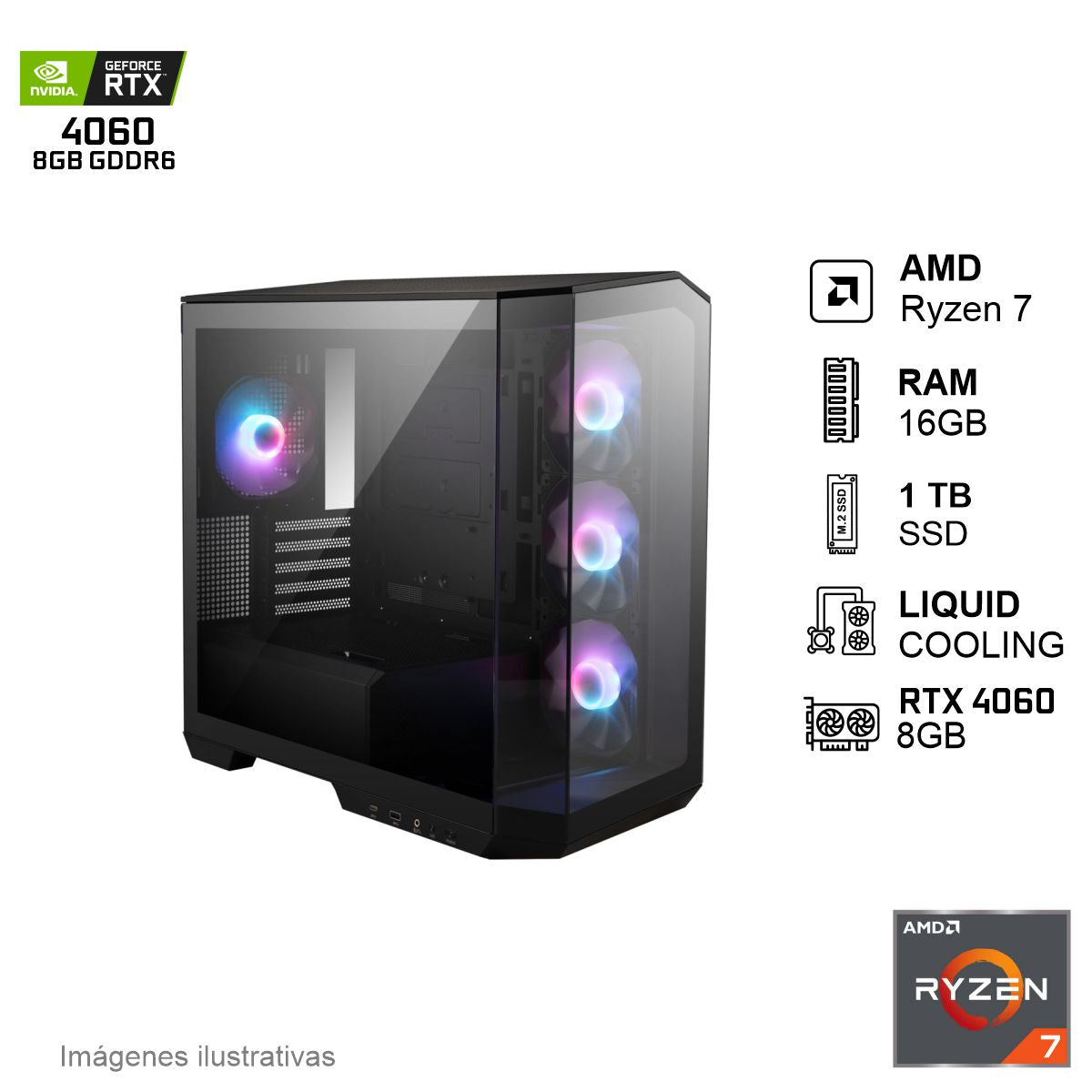 PC Gamer RTX 4060 AMD Ryzen 7 7700X 16GB de RAM 1TB SSD NVME 650W WIFI