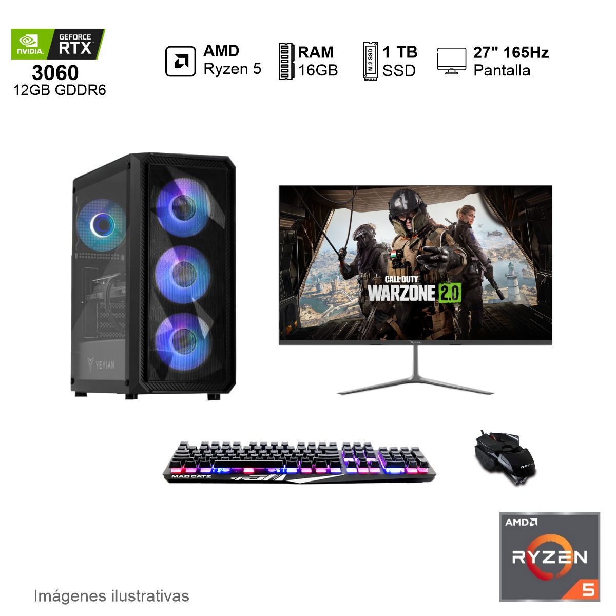 PC Gamer RTX 3060 AMD Ryzen 5 5600X 16GB de RAM 1TB SSD NVME 650W WIFI