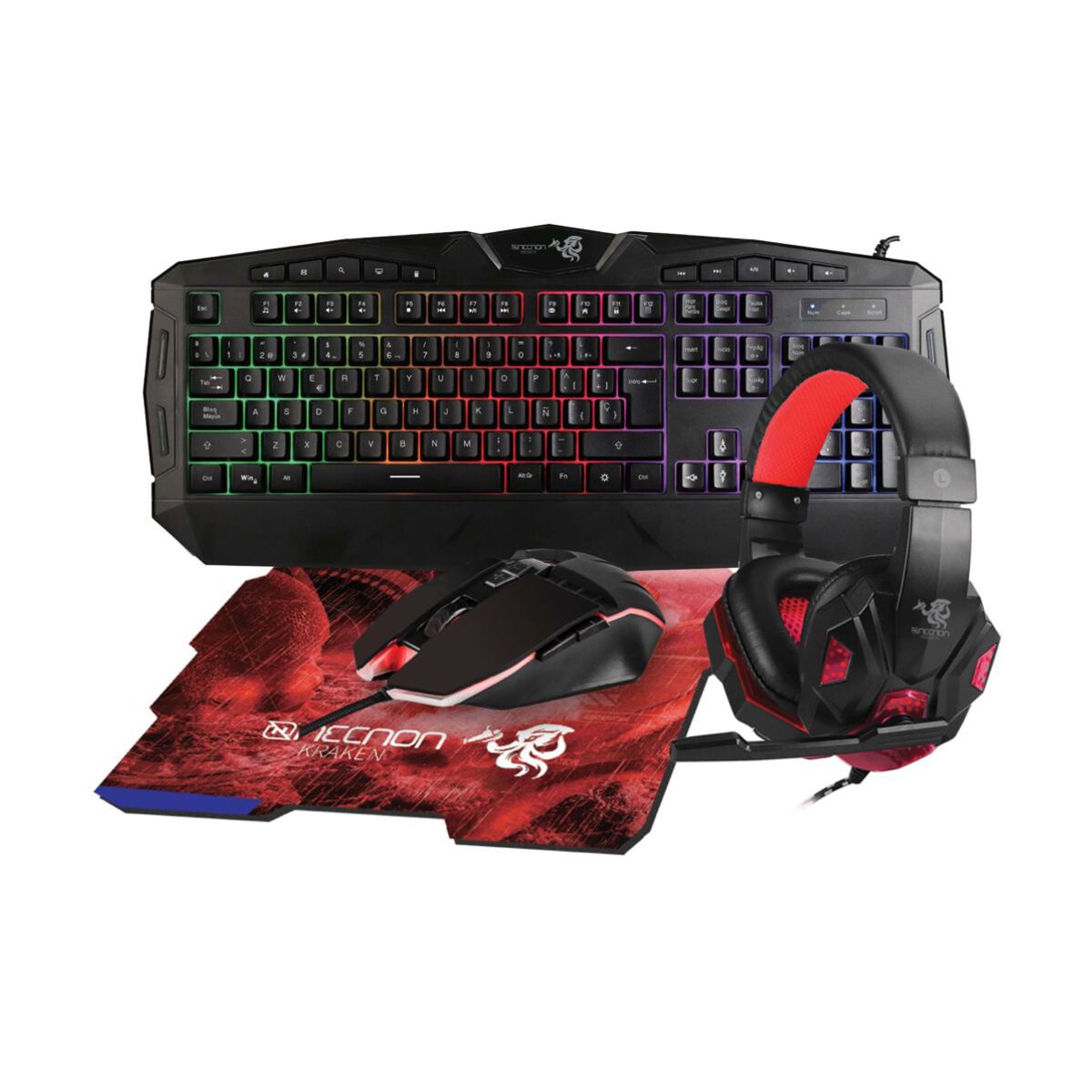 KIT GAMING 4 EN 1 NGC-PEGASUS AUDIFONOS LED TECLADO 104 BOTONES MOUSE 3 BOTONES 1000DPI MOUSEPAD ROJO -