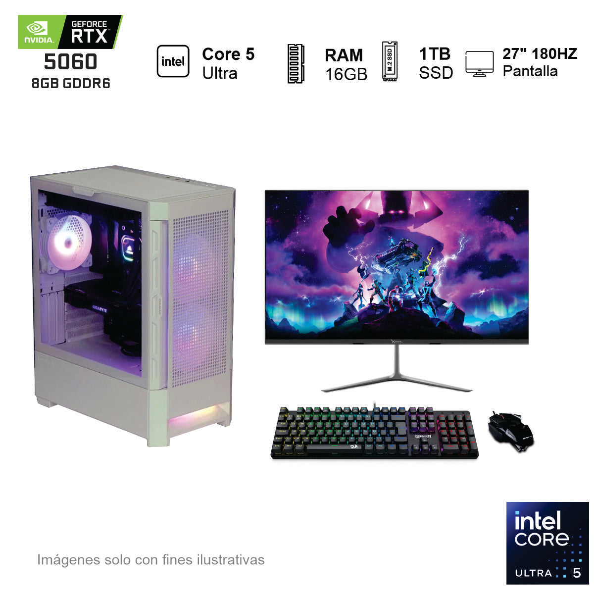 PC Gamer RTX 5060 Intel Core 5 Ultra 225F 16GB de RAM 1TB SSD NVME 650W WIFI