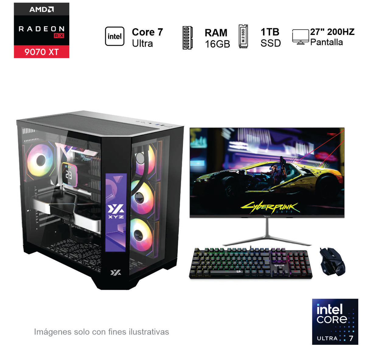 PC GAMER RX 9070 INTEL CORE ULTRA 7 265F 16GB de RAM Disco Solido de 1TB NVME