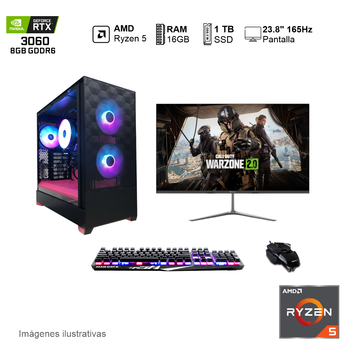 PC Gamer RTX 3060 AMD Ryzen 5600 16GB de RAM 1TB SSD NVME 650W WIFI