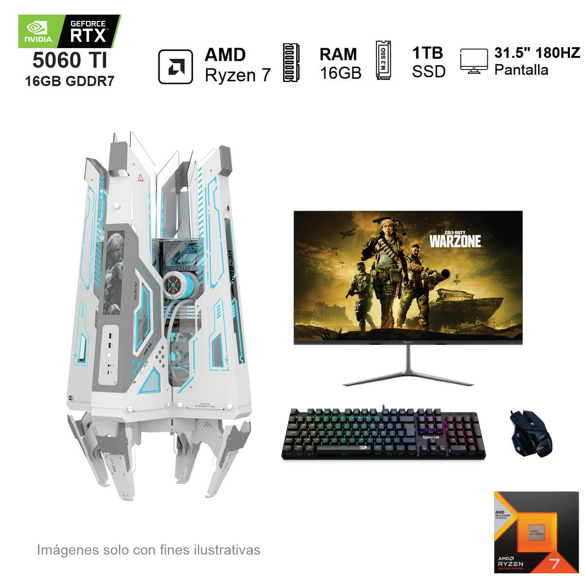 PC GAMER RTX 5060TI AMD RYZEN 7 7800X3D 16GB de RAM Disco Solido de 1TB NVME