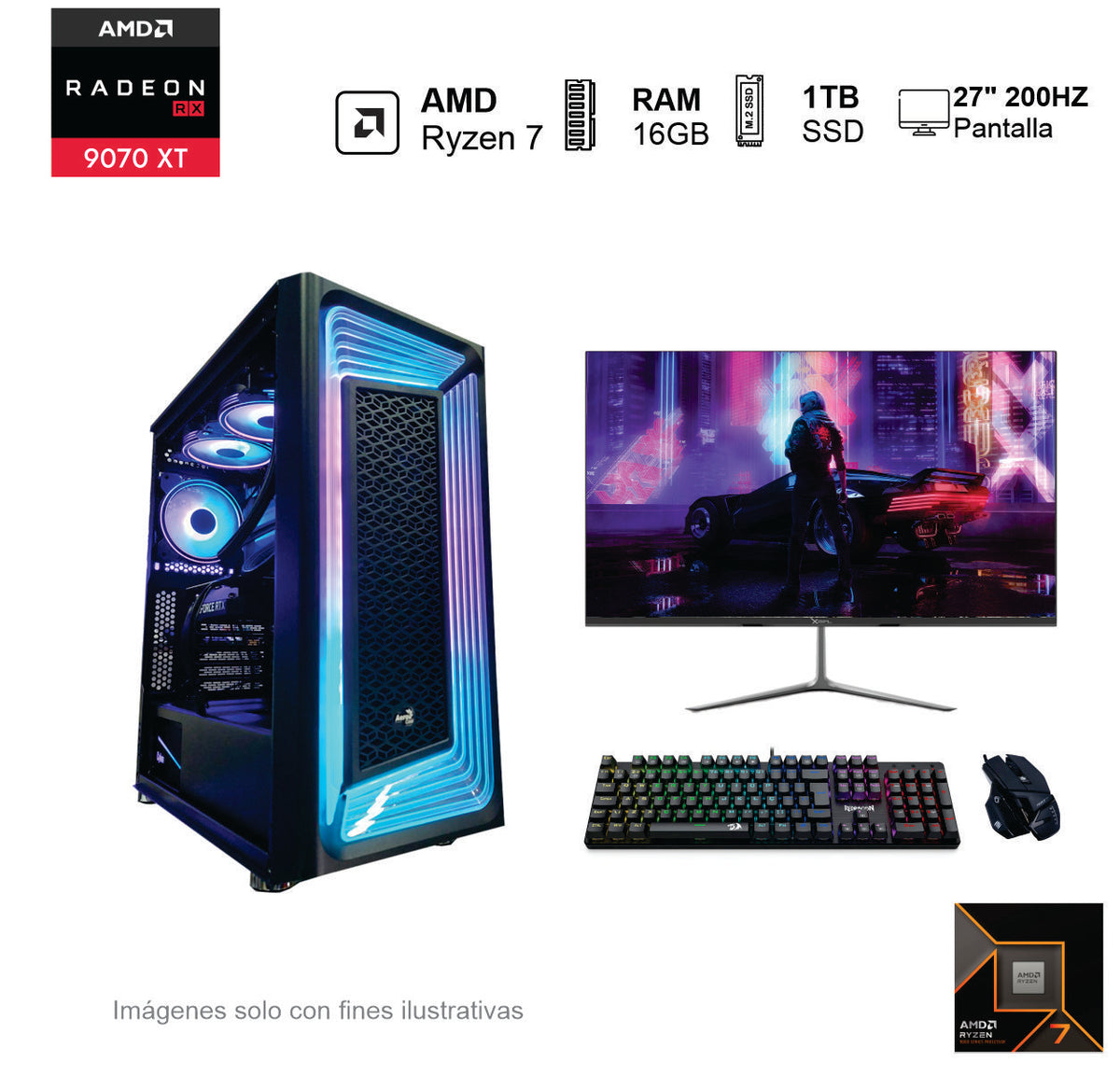 PC GAMER RX 9070XT AMD Ryzen 7 9700X 16GB de RAM Disco Solido de 1TB NVME