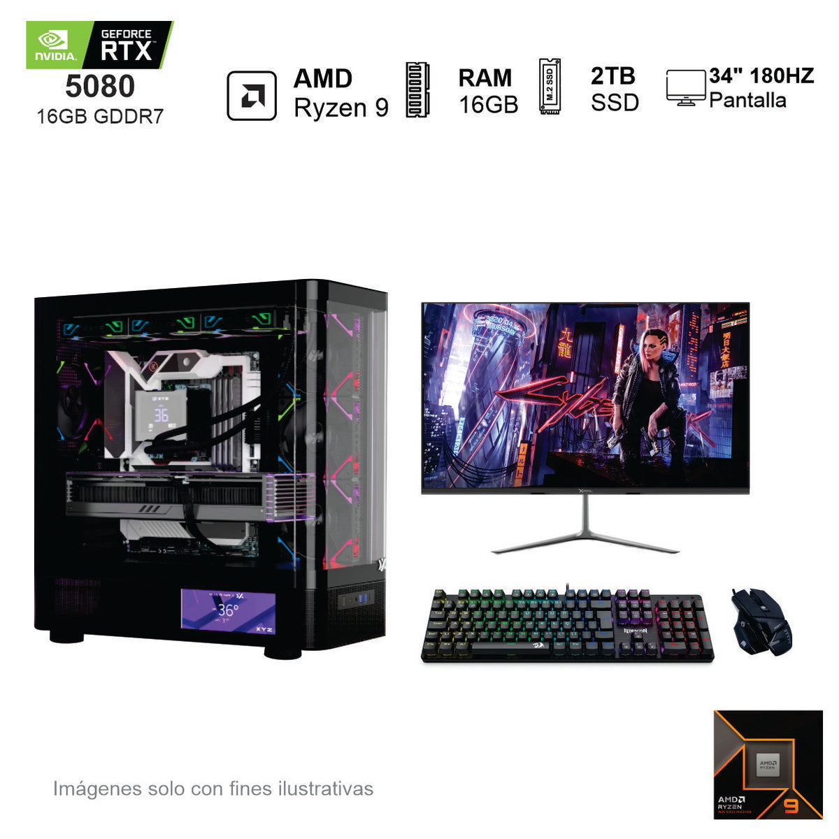 PC Gamer RTX 5080 AMD Ryzen 9 9900X 16GB de RAM 2TB SSD NVME 850W WIFI