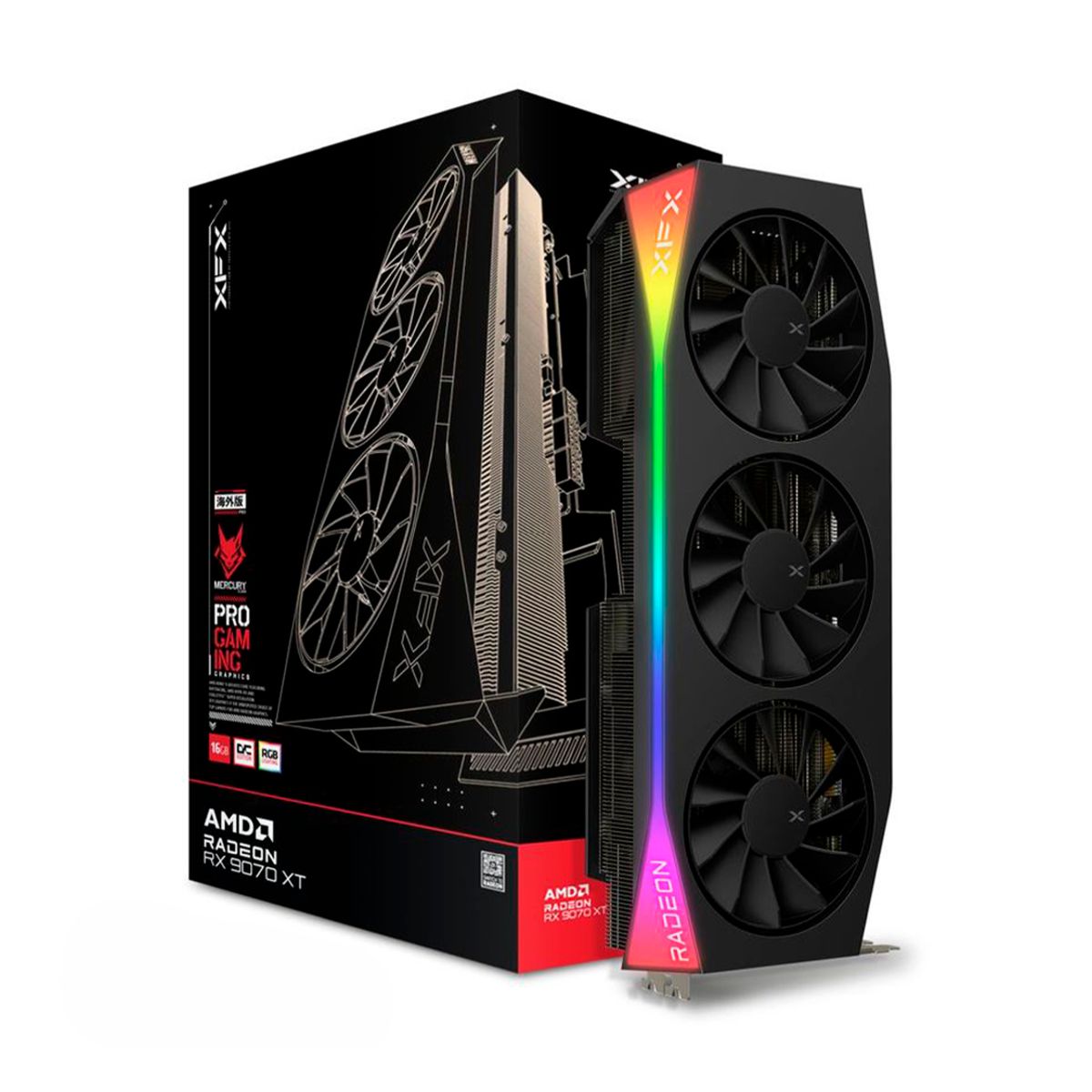 TARJETA DE VIDEO XFX (RX-97TRGBBB9) MERCURY RADEON RX9070XT, 16GB, 2570MHZ, 3*DP, HDMI, 3*FAN, NEGRO