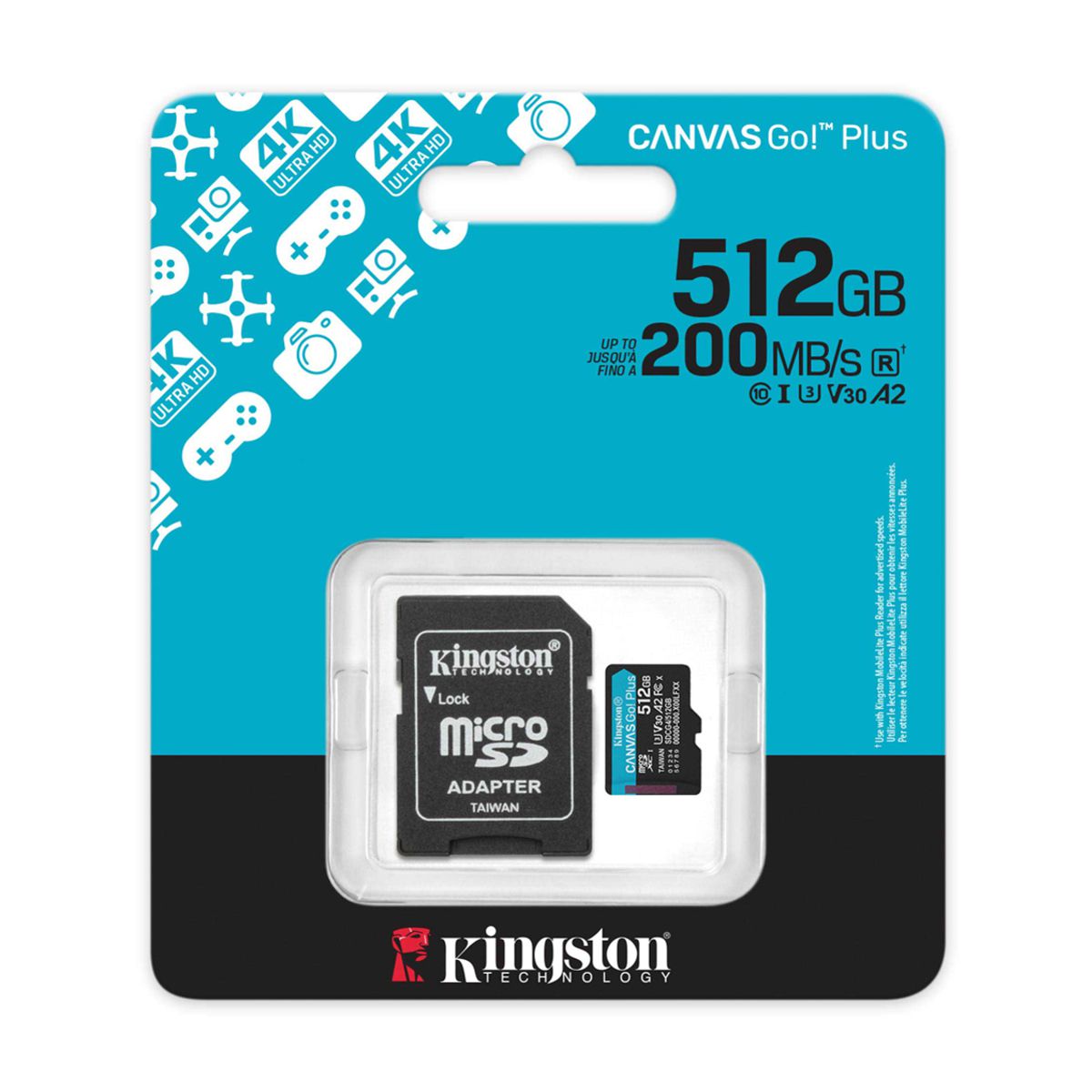 MEMORIA MICROSD KINGSTON CANVAS GO! PLUS GEN4 512GB R.200MB/S W.160MB/S CL10 UHS-I U3 V30 A2 -