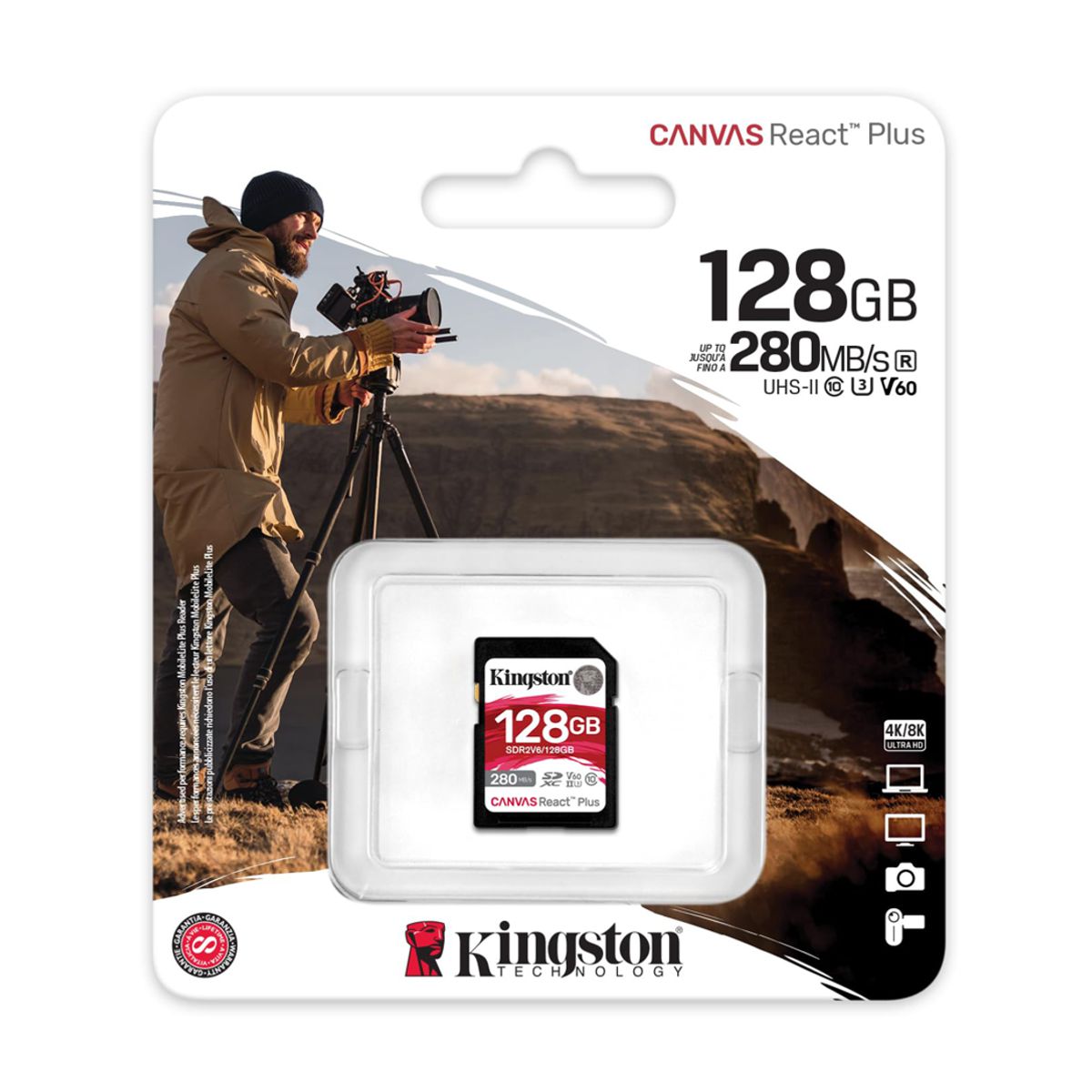 MEMORIA SD SDXC KINGSTON 128GB (SDR2V6/128GB) CANVAS REACT PLUS V60, UHS-II CLASE 10