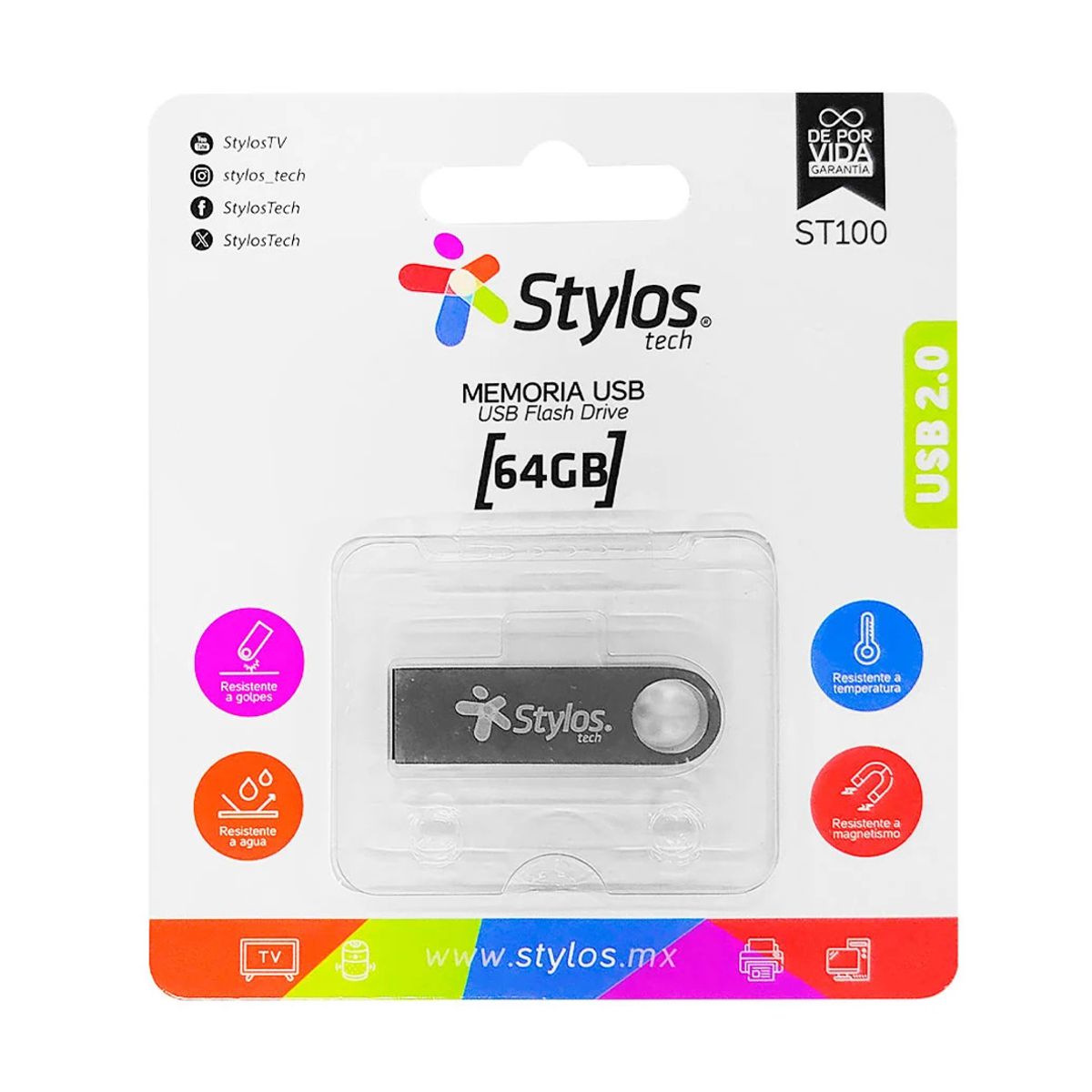 MEMORIA USB STYLOS (STMUSB4B) 64GB, ST100, USB 2.0, METAL PLATA