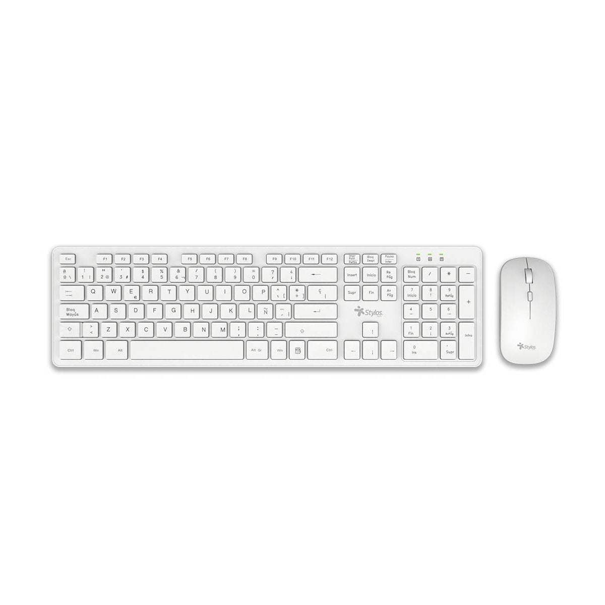 KIT TECLADO Y MOUSE INALAMBRICO STYLOS (STPKTM5W),105 TECLAS,MOUSE 2 BOTONES,1600DPI,USB NANO,BLANCO