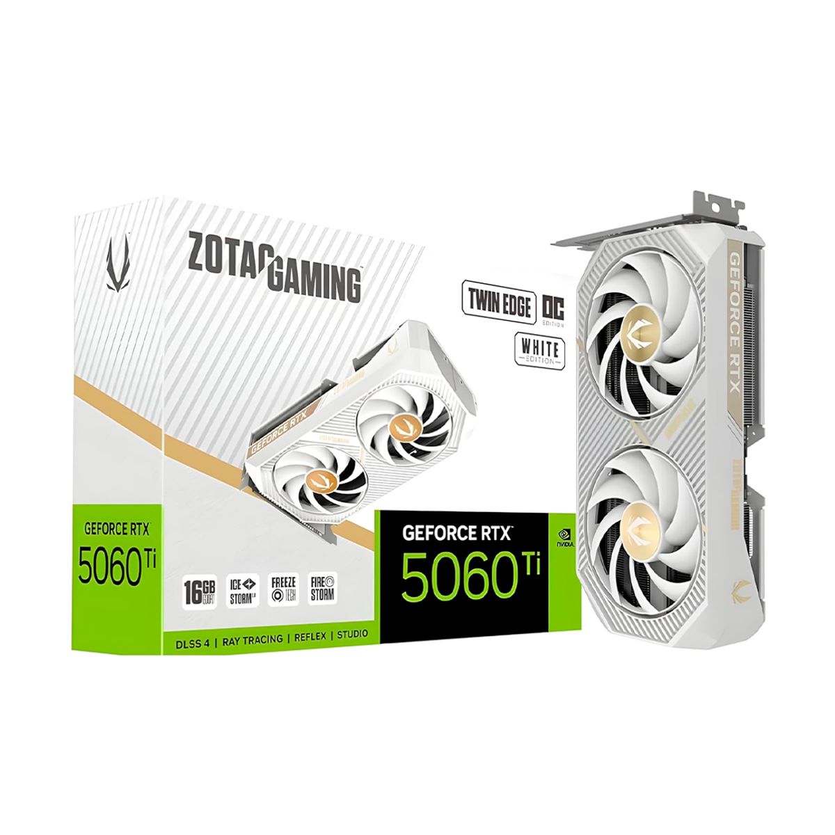 TARJETA DE VIDEO ZOTAC (ZT-B50620Q-10M) RTX 5060TI TWIN EDGE OC WHITE 16GB GDDR7,2602 MHZ,PCIE 5,HDMI,3*DP,2*FAN