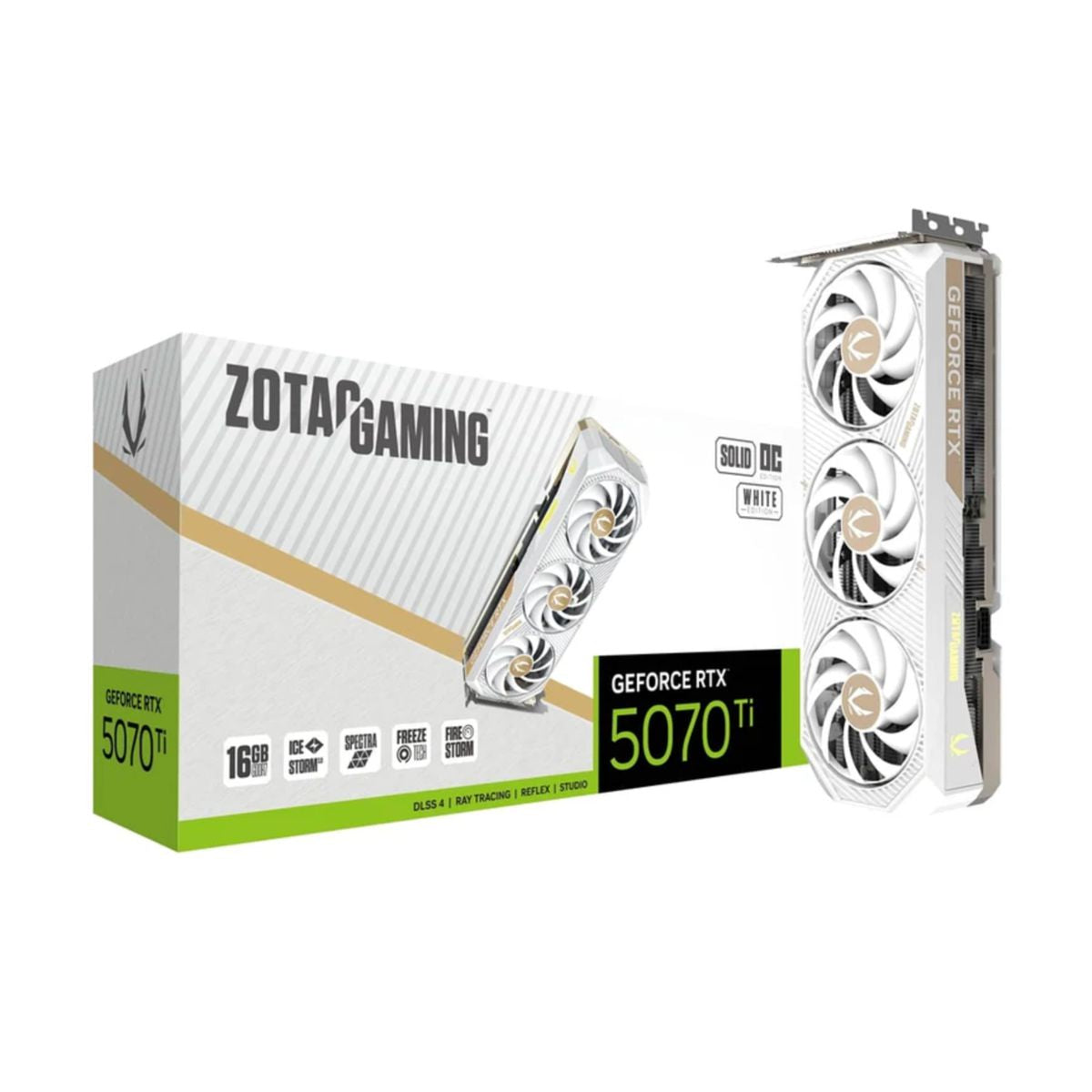 TARJETA DE VIDEO ZOTAC (ZT-B50710Q2-10P) RTX 5070TI SOLID OC WHITE 16GB GDDR7,2482 MHZ,PCIE 5,3*DP,3*FAN
