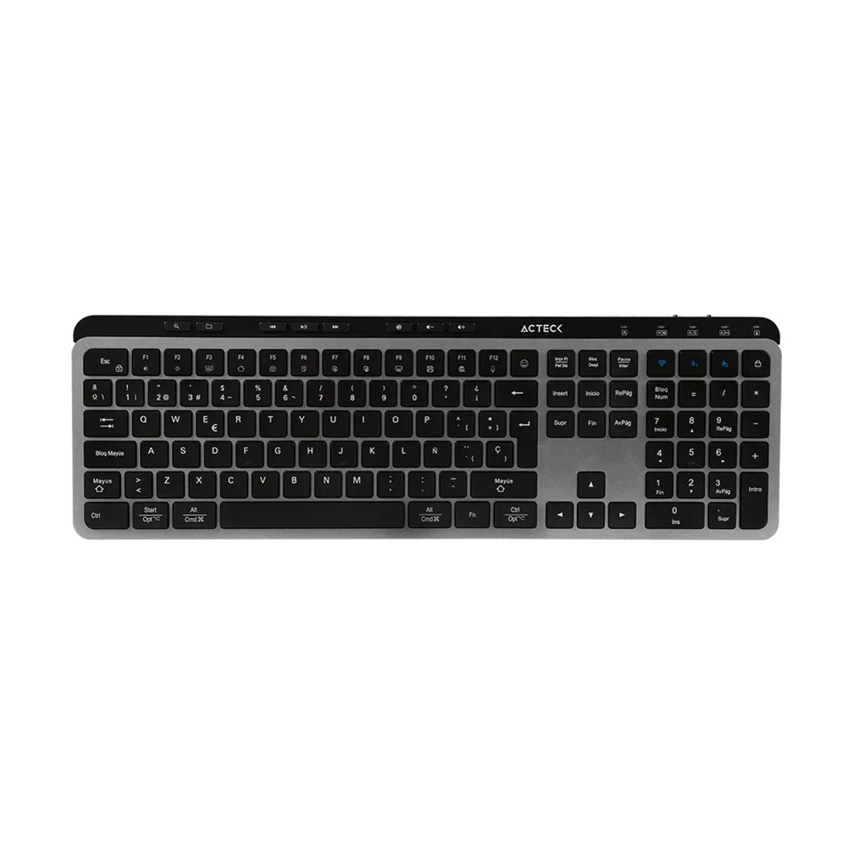 TECLADO INALAMBRICO ACTECK(AC-940085)INSPIRE KREA TI755,2,4GHZ + 2 BT,MEMBRANA,MULTIMEDIA,RECARGABLE,NEGRO-GRIS