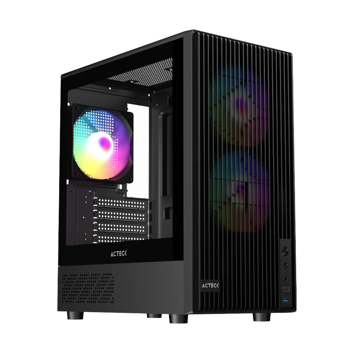 GABINETE ACTECK(AC-943819)ZYRON GC606,MAX M-ATX,S/FUENTE,1*USB A 3.0, 1*USB A 2.0,3FAN 120 MM FRGB,PANEL CRISTAL+FRENTE RANURADO,NEGRO