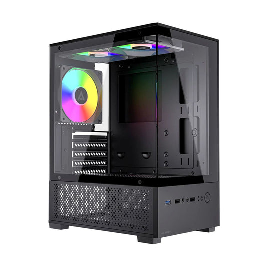 GABINETE ACTECK(AC-943826)PANORAK GC600,MAX MB M-ATX,S/F,1*USB A 3.0,1*USB A 2.0,3FAN 120MM FRGB MOLEX,PANEL IZQ.+FRENTE CRISTAL,NEGRO