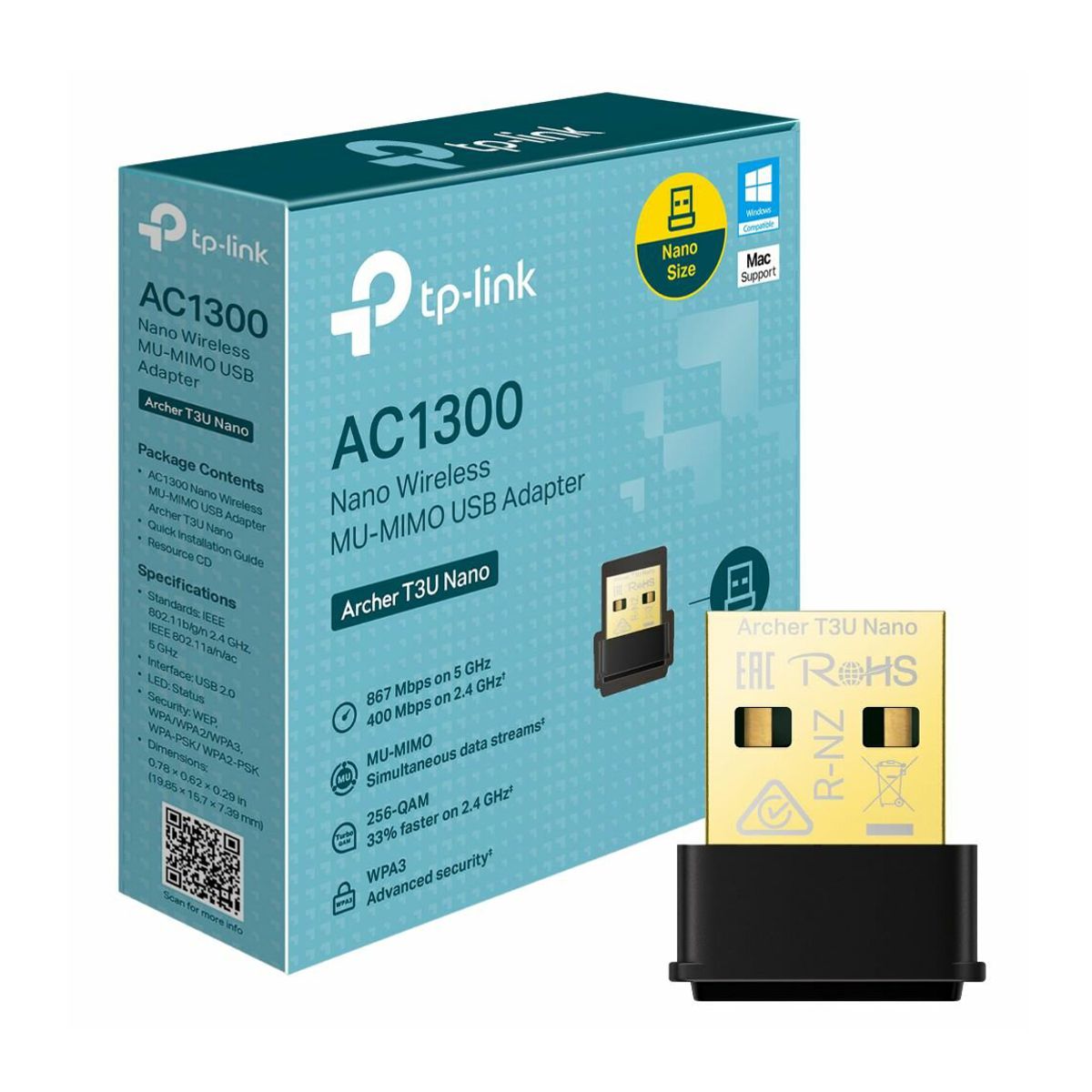 ADAPTADOR INALAMBRICO USB TP-LINK ARCHER T3U NANO AC1300 CON DOBLE BANDA - 