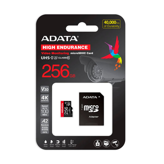 Micro Secure Digital ADATA HIGH ENDURANCE (alta durabilidad) microSDXC UHS-I U3 - SD6.0 Clase 10, V30 256GB Clase 10 (A2), Velocidad de lectura / escritura