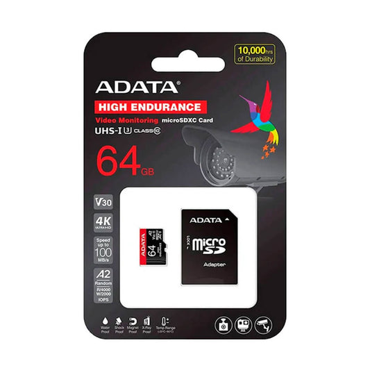 Micro Secure Digital ADATA HIGH ENDURANCE (alta durabilidad) microSDXC UHS-I U3 - SD6.0 Clase 10, V30 64GB Clase 10 (A2), Velocidad de lectura / escritura