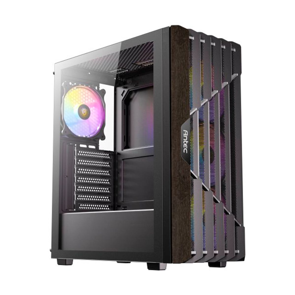 GABINETE ANTEC (AX63 WOOD ARGB) MEDIA TORRE ATX,CRISTAL/MADERA,S/FUENTE,4*FAN,3*USB,NEGRO