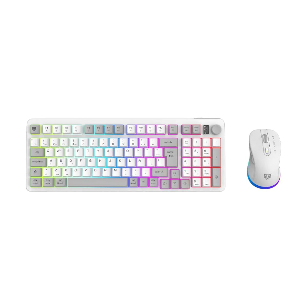 KIT TECLADO Y MOUSE INALAMBRICO BALAM RUSH(BR-940436)SQUAD CONQUEST PRO KG525,TECLADO 85%,MOUSE OPTICO 7200 DPI,RGB,RECARGABLE,BLANCO