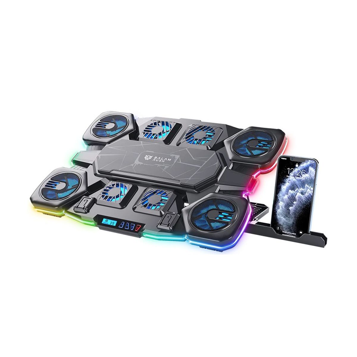 BASE ENFRIADORA BALAM RUSH (BR-941112) EOLOX CRYOTECH EF780, P/LAPTOP 17",9 FAN,7 NIVELES,RGB,NEGRO