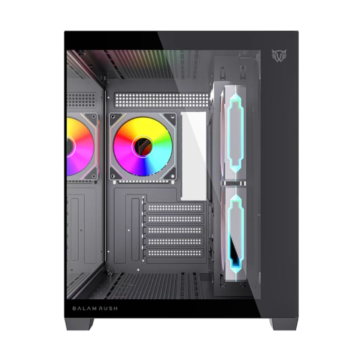 GABINETE BALAM RUSH(BR-943840)TANK CORE PRO GI925,MAX M-ATX,S/FUENTE,1*USB A 3.0+3FAN 120MM ARGB 4 PIN,FULL CRISTAL,NEGRO