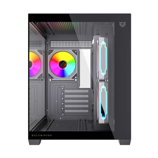 GABINETE BALAM RUSH(BR-943840)TANK CORE PRO GI925,MAX M-ATX,S/FUENTE,1*USB A 3.0+3FAN 120MM ARGB 4 PIN,FULL CRISTAL,NEGRO