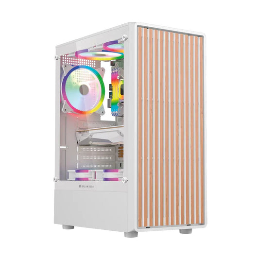 GABINETE BALAM RUSH(BR-943970)DRAGONFLY WOOD GM580,ATX, SIN FUENTE,USB A 3.0,USB A 2.0,4 FAN ARGB,PANEL CRISTAL+FRENTE TIPO MADERA,BLANCO