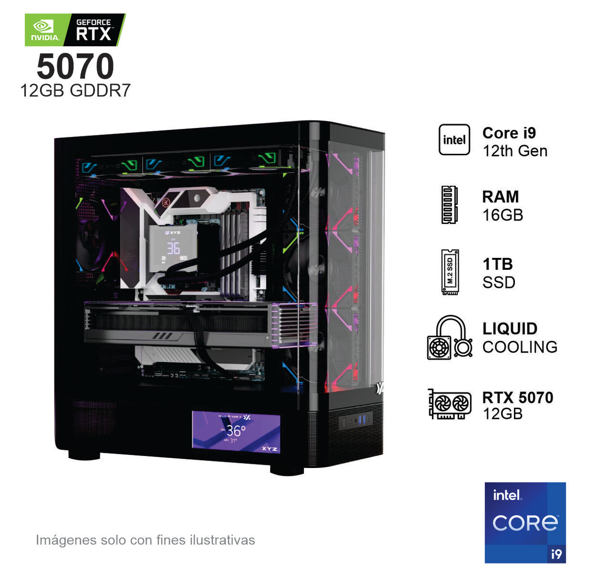 PC GAMER RTX 5070 INTEL CORE I9 12900F 16GB de RAM Disco Solido de 1TB NVME 750W