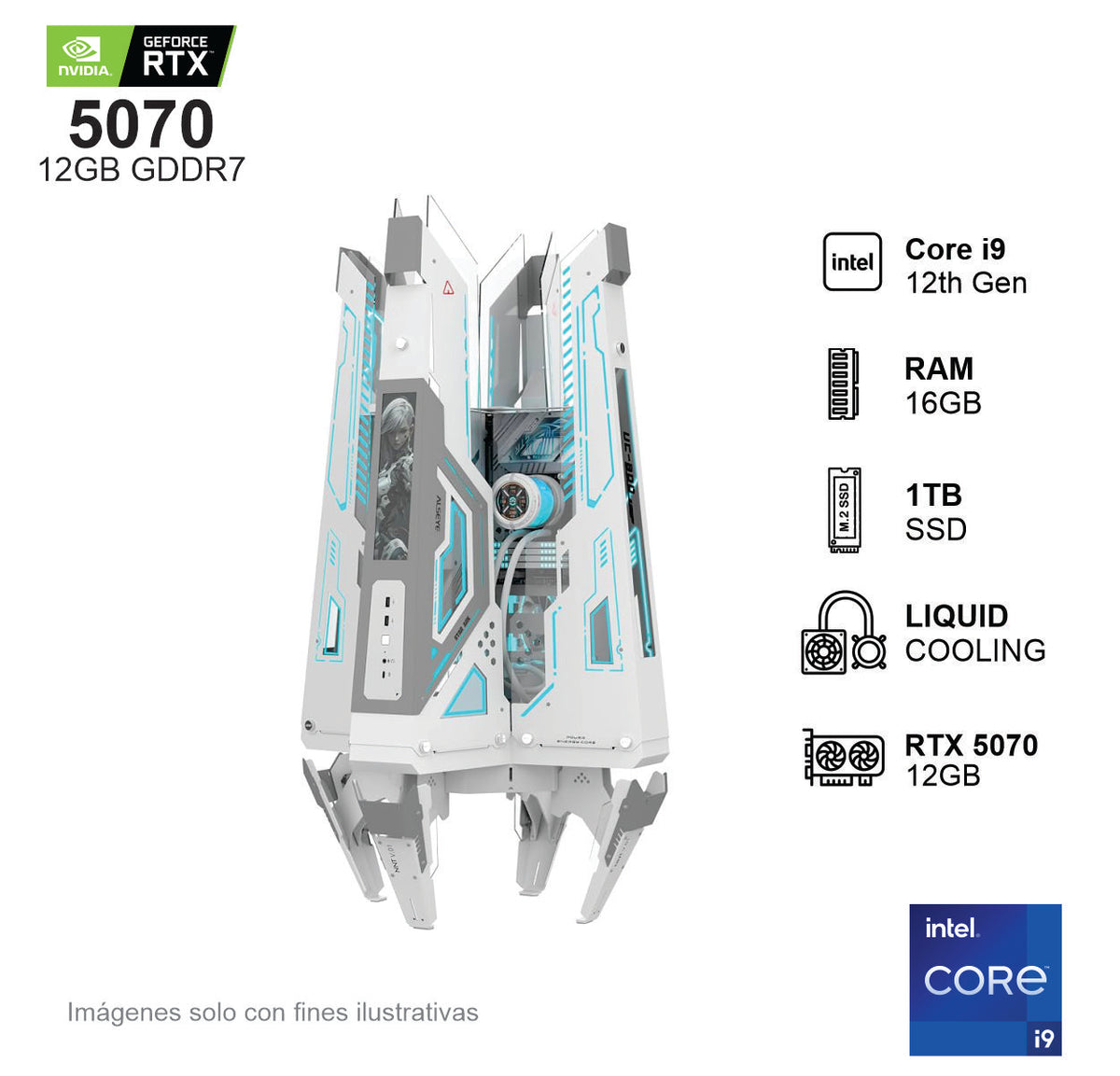 PC GAMER RTX 5070 INTEL CORE I9 12900F 16GB de RAM Disco Solido de 1TB NVME 850W