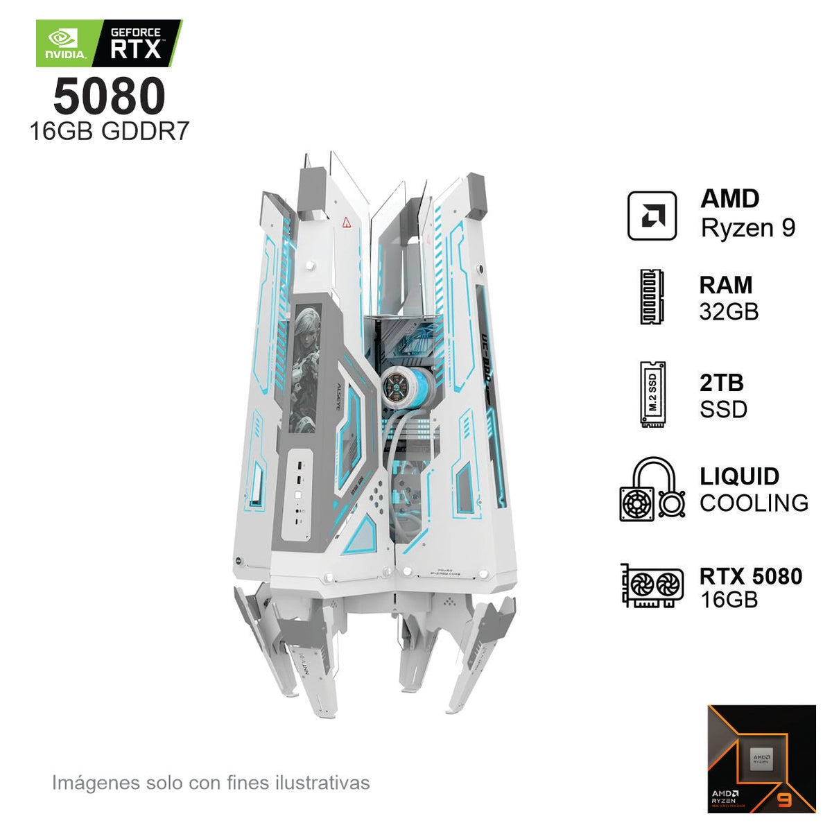 PC Gamer RTX 5080 AMD Ryzen 9 9900X 32GB de RAM 2TB SSD NVME 850W WIFI
