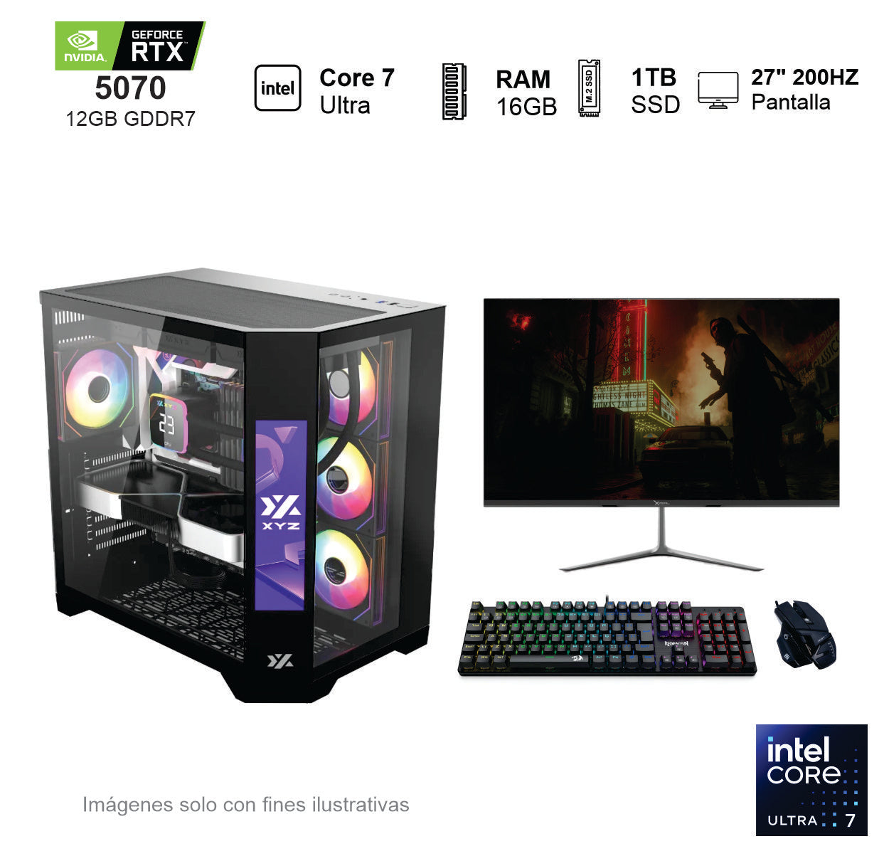 PC GAMER RTX 5070 INTEL CORE ULTRA 7 265F 16GB de RAM Disco Solido de 1TB NVME