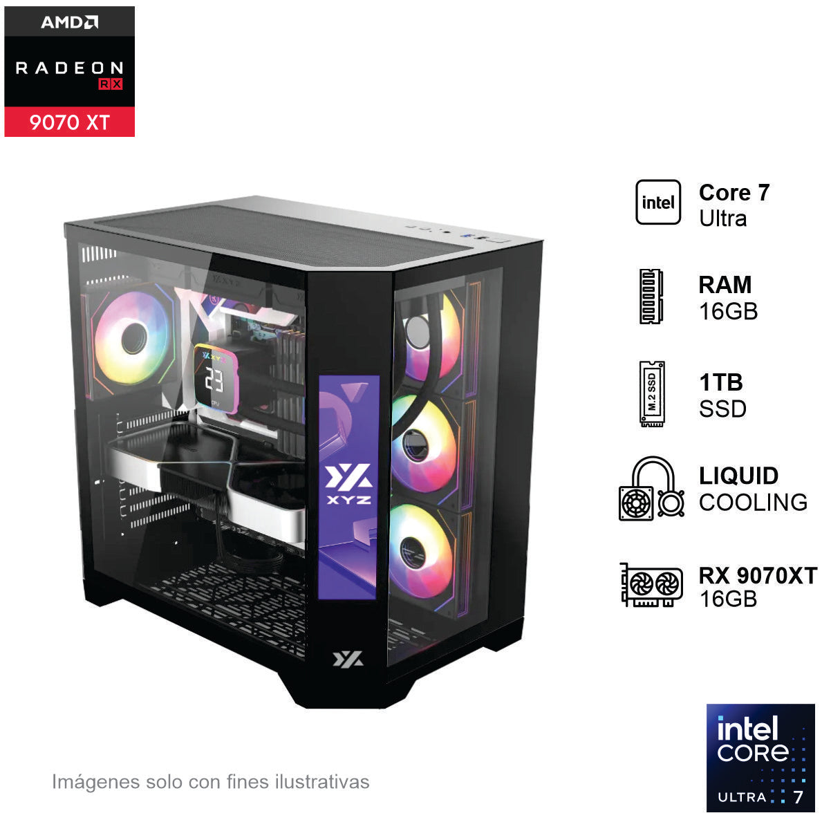 PC GAMER RX 9070XT INTEL CORE ULTRA 7 265F 16GB de RAM Disco Solido de 1TB NVME