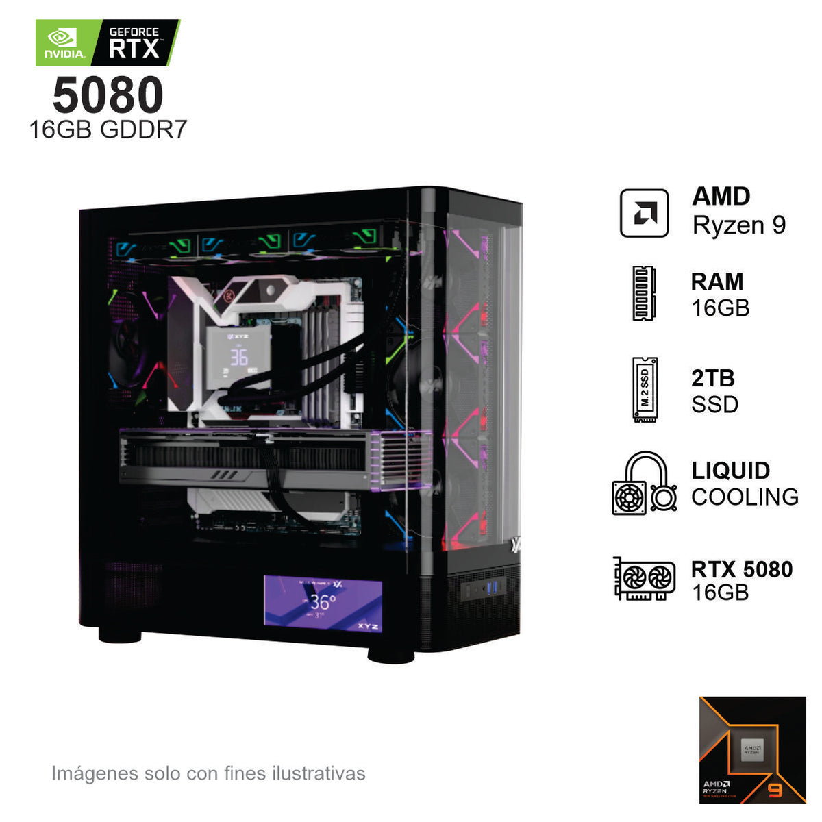 PC Gamer RTX 5080 AMD Ryzen 9 9900X 16GB de RAM 2TB SSD NVME 850W WIFI