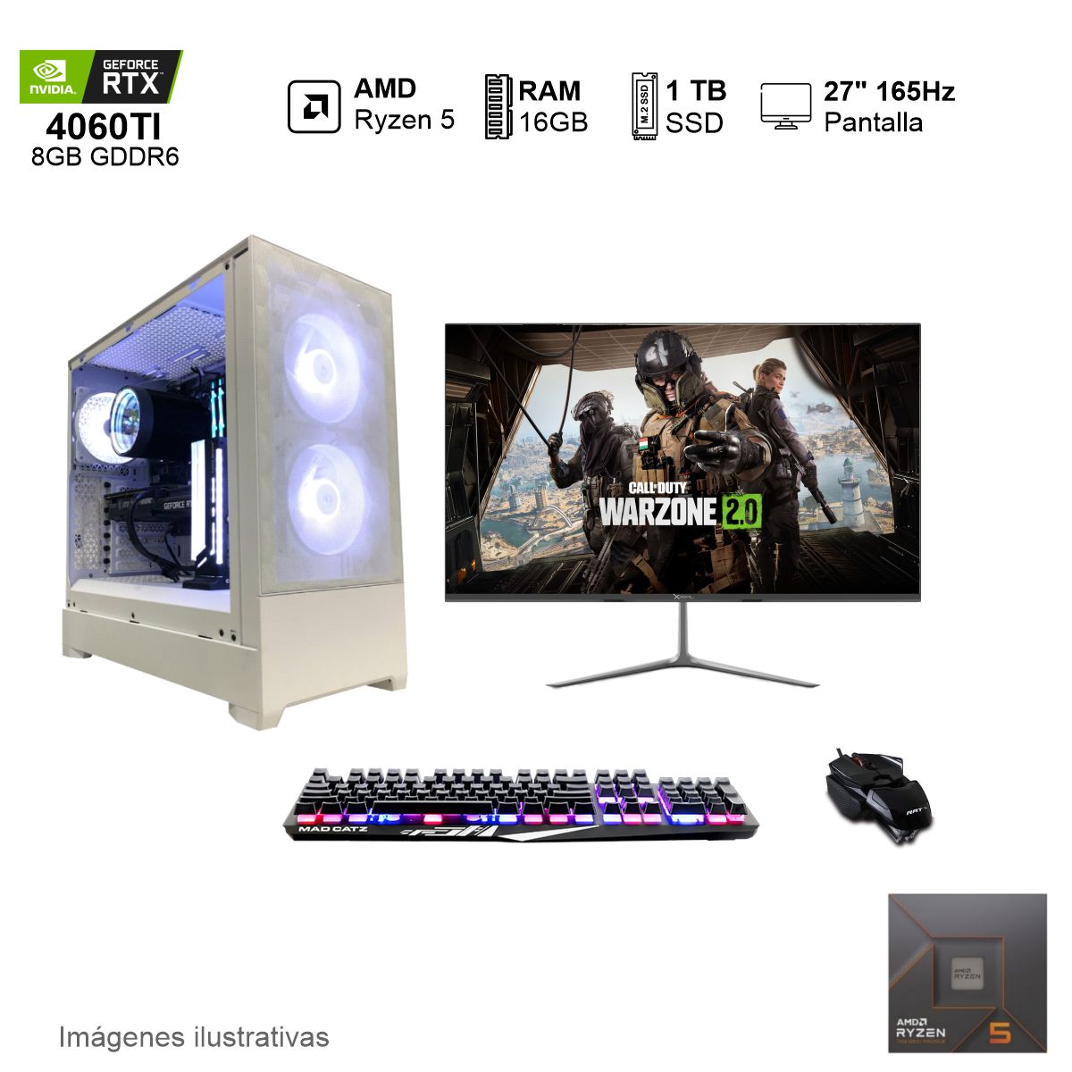 PC Gamer RTX 4060TI AMD Ryzen 5 7600X 16GB de RAM 1TB SSD NVME 650W WIFI