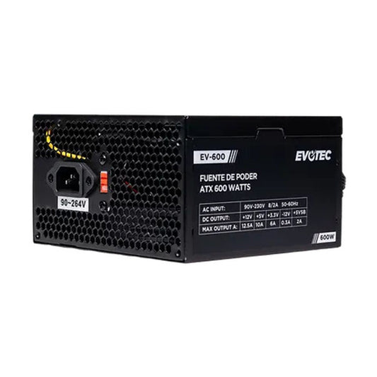 FUENTE DE PODER EVOTEC (EV-600) 600W,24 PINES,2 SATA, FLOPPY, MOLEX, PAQUETE INDIVIDUAL