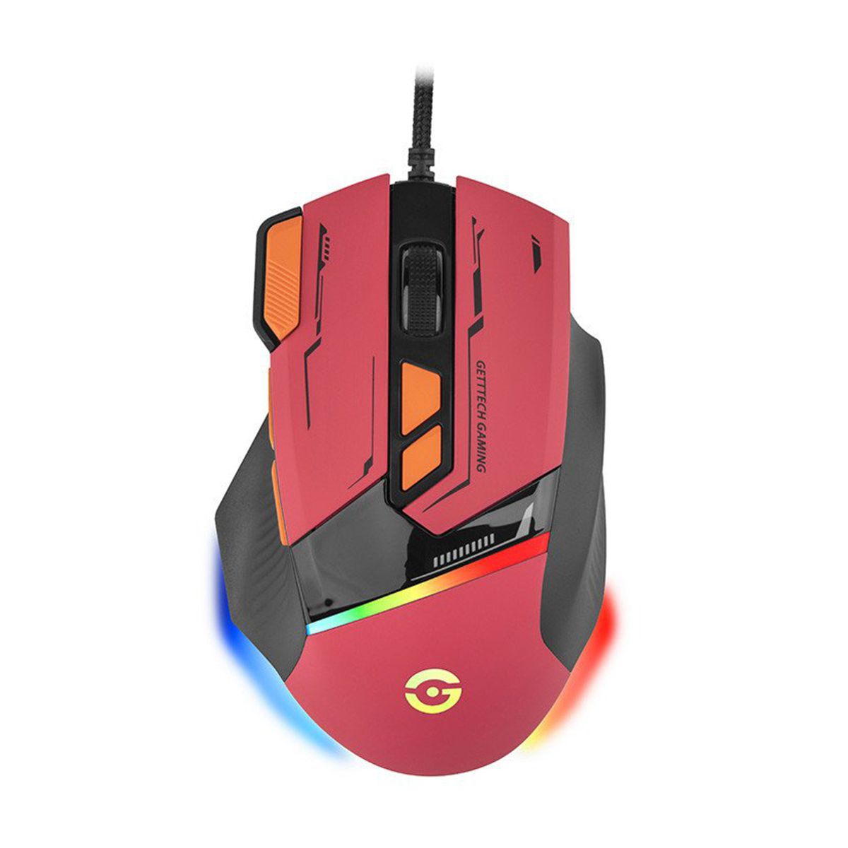GETTTECH MOUSE GAMER - SENSOR 725F, ILUMINACION RGB PERSONALIZABLE, HASTA 7200 DPI, COLOR ROJO NARANJA, MOD. GPM-RGBWR-G1-RD