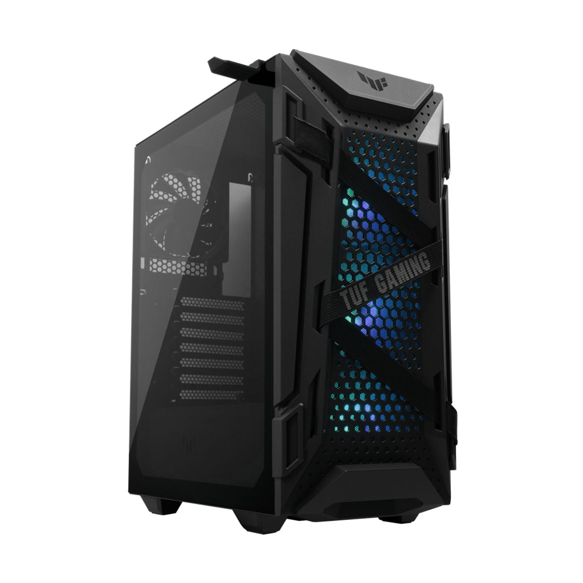 GABINETE ASUS (GT301 TUF GAMING CASE/BLK/ARGB FAN//) NEGRO,RGB 120MM FANS*3,120MM FAN,VIDRIO TEMPLADO,MT,S/FUENTE